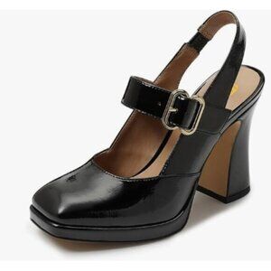 FYS Black Platform Square Toe Pumps Block High Heel Mary Janes Slingback Shoes